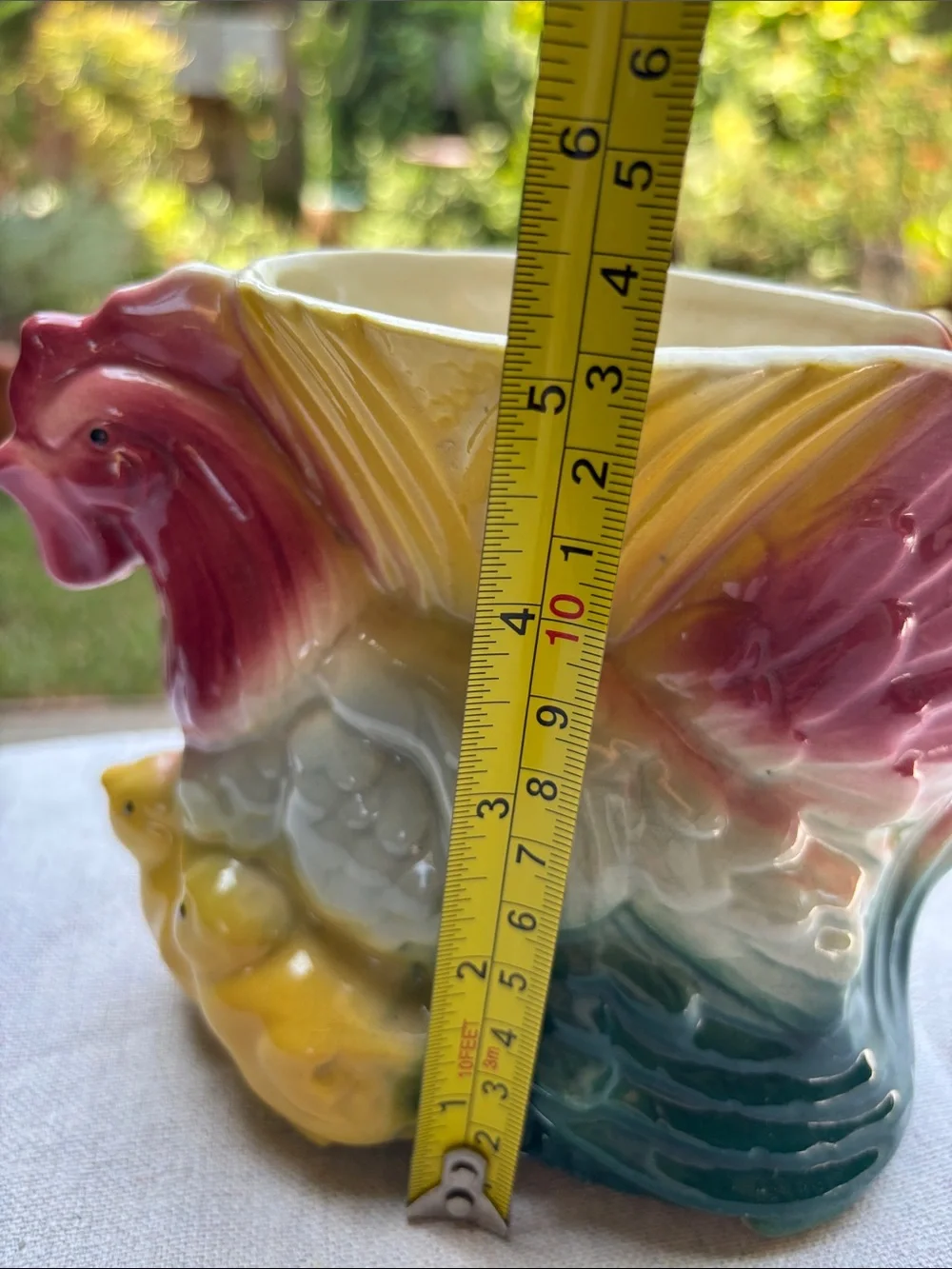 Vintage Hand-Painted Rooster Ceramic Vase in Red, Yellow & Green